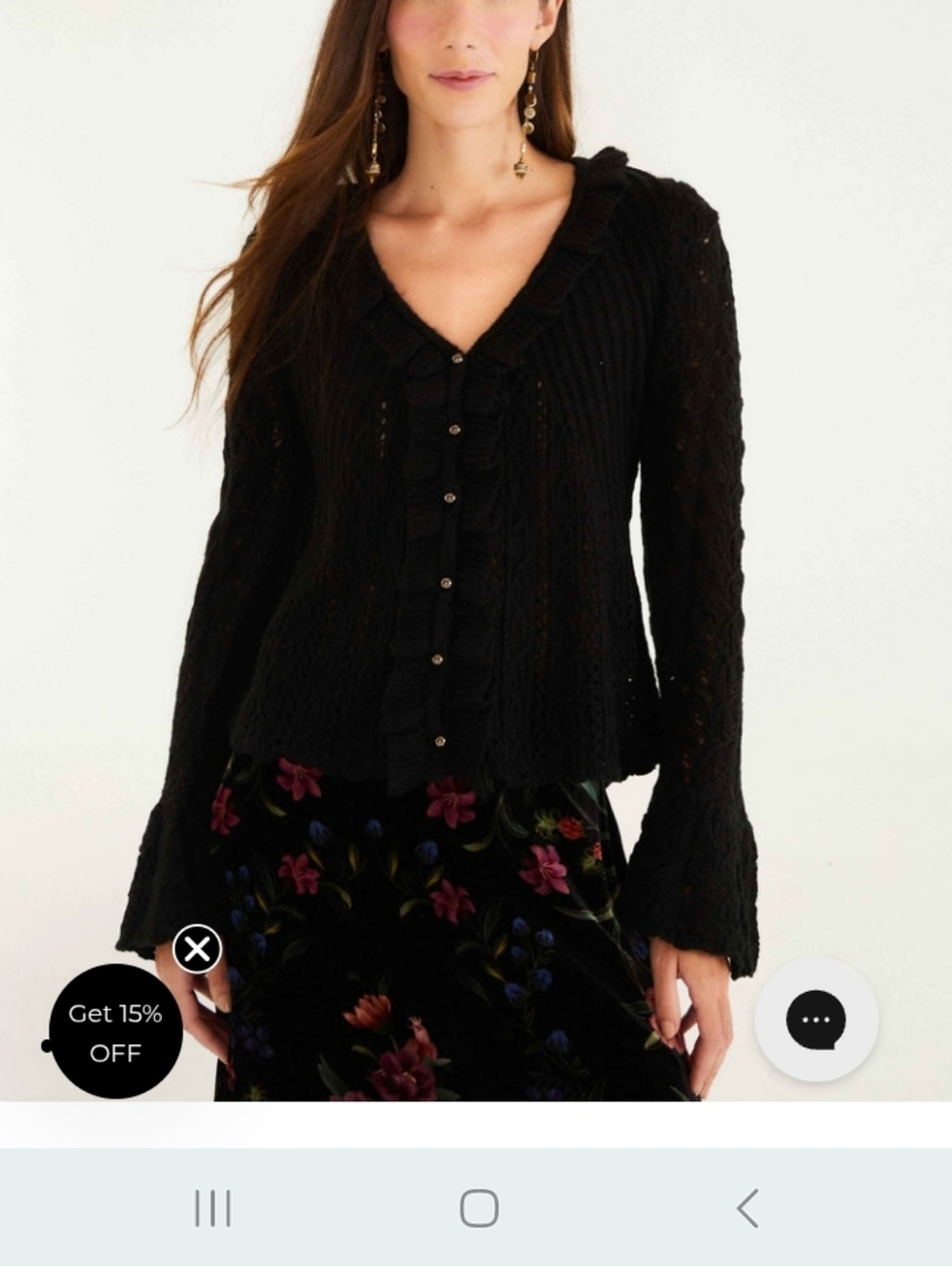 FARM Rio Black Ruffle-Trim Knit Cardigan, Size S